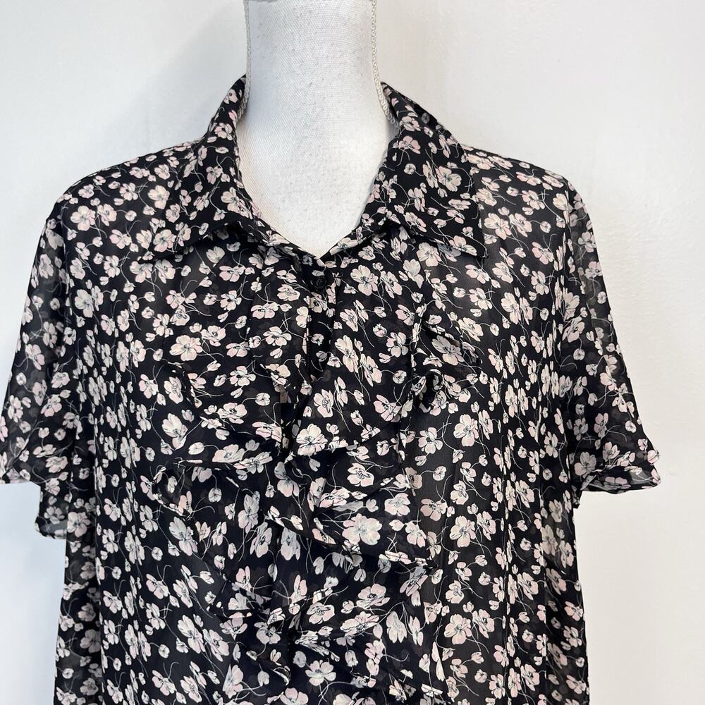 Chaps Blouse Top Plus size 3X Black Pink Floral Sheer Ruffles Career Church - Picture 2 of 9